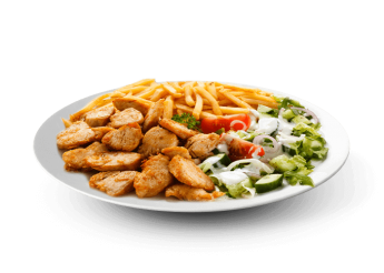 Servie avec salade, tomates  
+ Frites  
+ 1 Boisson 33cl au choix.