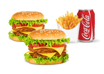 Salade, tomates, 2 steaks 
+ Frites  
+ 1 Boisson 33cl au choix.