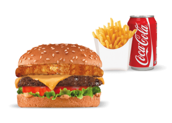 Salade, tomates, 1 steak 180gr, galette de pommes de terre, fromage  
+ Frites  
+ 1 Boisson 33cl au choix.