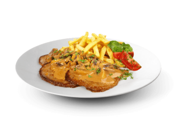 Cr�me fra�che, champignons 
Servi avec p�tes ou frites