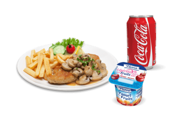 1 Plat escalope au choix 
+ 1 Dessert au choix 
+ 1 Boisson 33cl au choix