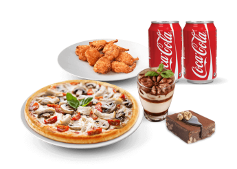 1 Pizza moyenne au choix 
+ 6 Wings ou 6 nuggets 
+ 2 Desserts au choix 
+ 2 Boissons 33cl