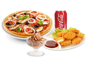 1 Pizza petite au choix 
+ 4 Wings ou 4 nuggets 
+ 1 Dessert au choix  
+ 1 Boisson 33cl