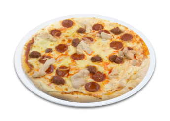 Sauce barbecue, fromage, �minc� de poulet r�ti, merguez, chorizo. 