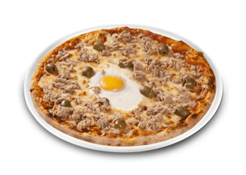 Tomate, fromage, thon, oignons, olives, oeuf, c�pres.