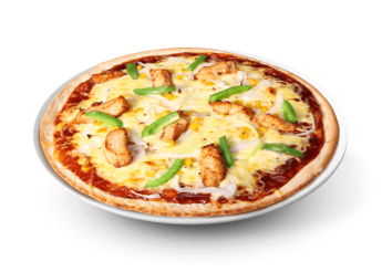 Tomate, fromage, oignons, piments, �minc� de poulet r�ti, olives. 