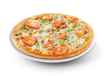 Sauce curry, fromage, poulet, oignons, tomates fra�ches.