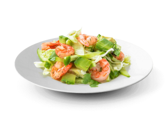 Salade, avocat, crevettes, sauce cocktail, citron 
+ Sauce vinaigrette  
+ Pain offert.