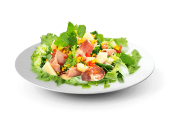 Salade, tomates, ma�s, jambon blanc, emmental, olives noires 
+ Sauce vinaigrette  
+ Pain offert.