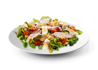 Salade, tomates, poulet, pommes de terre, ma�s, oeuf, olives 
+ Sauce vinaigrette  
+ Pain offert.