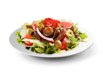 Salade, tomates, mozzarella, anchois, c�pres, basilic, huile d'olives 
+ Sauce vinaigrette  
+ Pain offert.