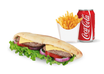 2 Steaks, fromage  
+ Pain maison ou tortilla  
+ Frites  
+ 1 Boisson 33cl au choix.
