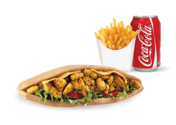 Eminc� de poulet marin�  
+ Pain maison ou tortilla  
+ Frites  
+ 1 Boisson 33cl au choix.
