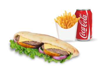 Steak, galette de pommes de terre, fromage  
+ Pain maison ou tortilla  
+ Frites  
+ 1 Boisson 33cl au choix.
