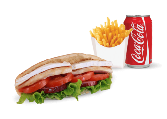 Escalope, fromage 
+ Pain maison ou tortilla  
+ Frites  
+ 1 Boisson 33cl au choix.

