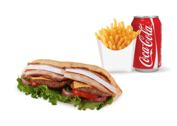 2 Viandes au choix, fromage  
+ Pain maison ou tortilla  
+ Frites  
+ 1 Boisson 33cl au choix.
