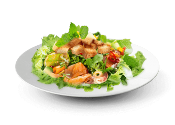 Salade, ma�s, avocat, saumon fum�, citron, cro�tons de pain 
+ Sauce vinaigrette  
+ Pain offert. 